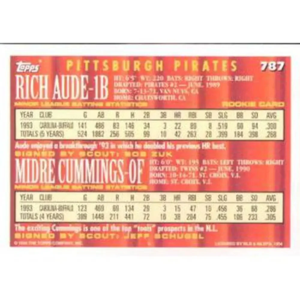 1994 Topps Rich Aude / Midre Cummings CA, RC # 787 Pittsburgh Pirates